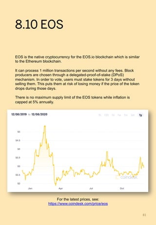 8.10 EOS
EOS is the native cryptocurrency for the EOS.io blockchain which is similar
to the Ethereum blockchain.
It can process 1 million transactions per second without any fees. Block
producers are chosen through a delegated-proof-of-stake (DPoS)
mechanism. In order to vote, users must stake tokens for 3 days without
selling them. This puts them at risk of losing money if the price of the token
drops during those days.
There is no maximum supply limit of the EOS tokens while inflation is
capped at 5% annually.
81	
For the latest prices, see:
https://www.coindesk.com/price/eos
 