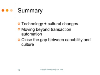 Summary <ul><li>Technology + cultural changes </li></ul><ul><li>Moving beyond transaction automation </li></ul><ul><li>Clo...