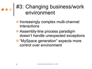 #3: Changing business/work environment <ul><li>Increasingly complex multi-channel interactions </li></ul><ul><li>Assembly-...