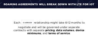 ROAMING AGREEMENTS WILL BREAK DOWN WITH LTE FOR IOT
CARRIEREach relationship might take 6-12 months to
negotiate and will be governed under separate
contracts with separate pricing, data volumes, device
minimums, and terms of service.
 