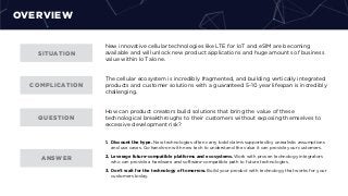 OVERVIEW
SITUATION
COMPLICATION
QUESTION
ANSWER
New innovative cellular technologies like LTE for IoT and eSIM are becoming
available and will unlock new product applications and huge amounts of business
value within IoT alone.
The cellular ecosystem is incredibly fragmented, and building vertically integrated
products and customer solutions with a guaranteed 5-10 year lifespan is incredibly
challenging.
How can product creators build solutions that bring the value of these
technological breakthroughs to their customers without exposing themselves to
excessive development risk?
1. Discount the hype. New technologies often carry bold claims supported by unrealistic assumptions
and use cases. Go hands-on with new tech to understand the value it can provide your customers.
2. Leverage future-compatible platforms and ecosystems. Work with proven technology integrators
who can provide a hardware and software-compatible path to future technologies.
3. Don’t wait for the technology of tomorrow. Build your product with technology that works for your
customers today.
 