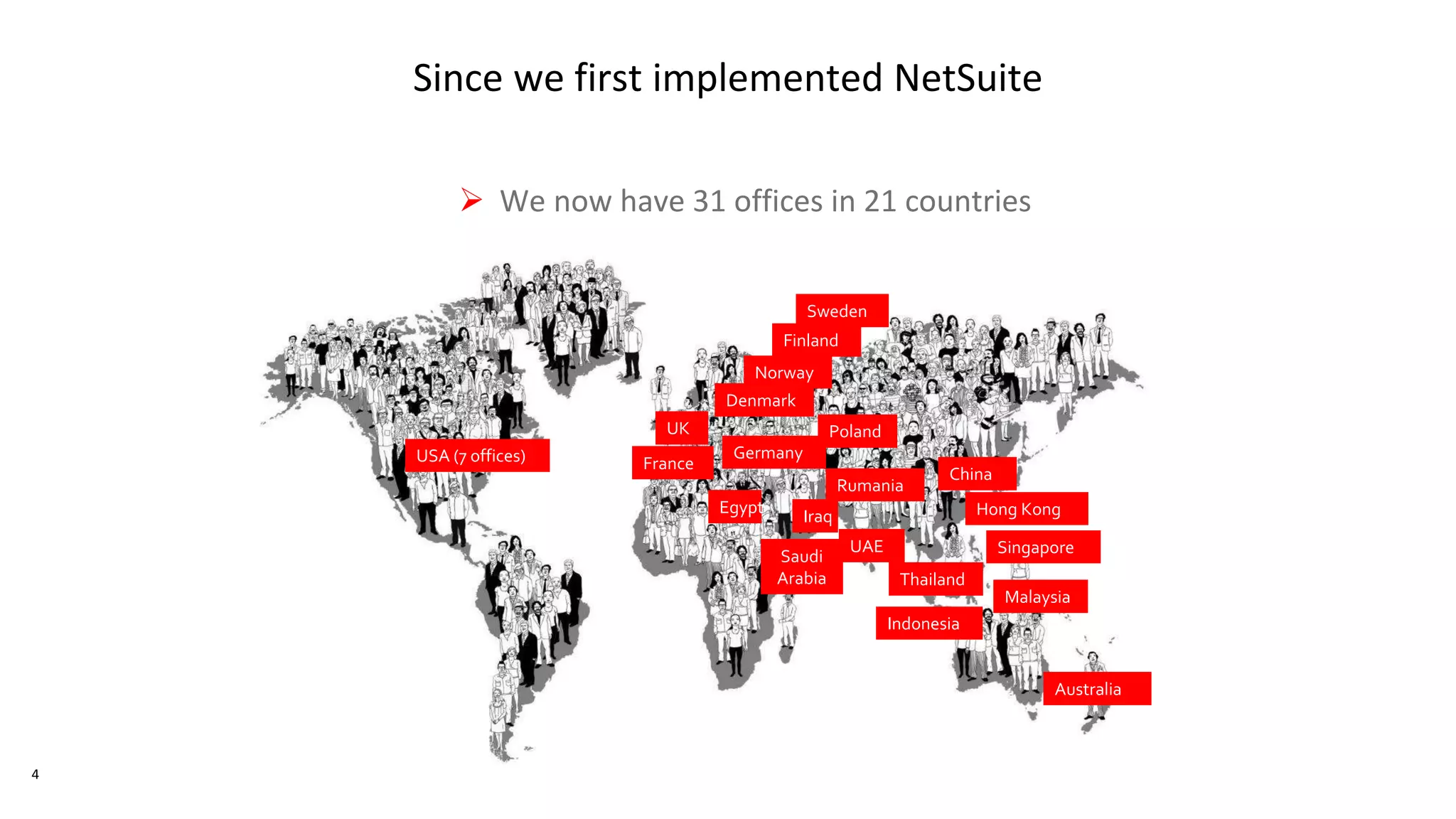  We now have 31 offices in 21 countries
Australia
China
Denmark
Finland
France
Germany
Indonesia
Malaysia
Norway
Sweden
Thailand
UAE
UK
USA (7 offices)
Saudi
Arabia
Singapore
Egypt
Rumania
Poland
Hong KongIraq
Since we first implemented NetSuite
4
 