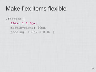 Make flex items flexible
.feature {
   flex: 1 1 0px;
   margin-right: 40px;
  padding: 130px 0 0 0; }




               ...