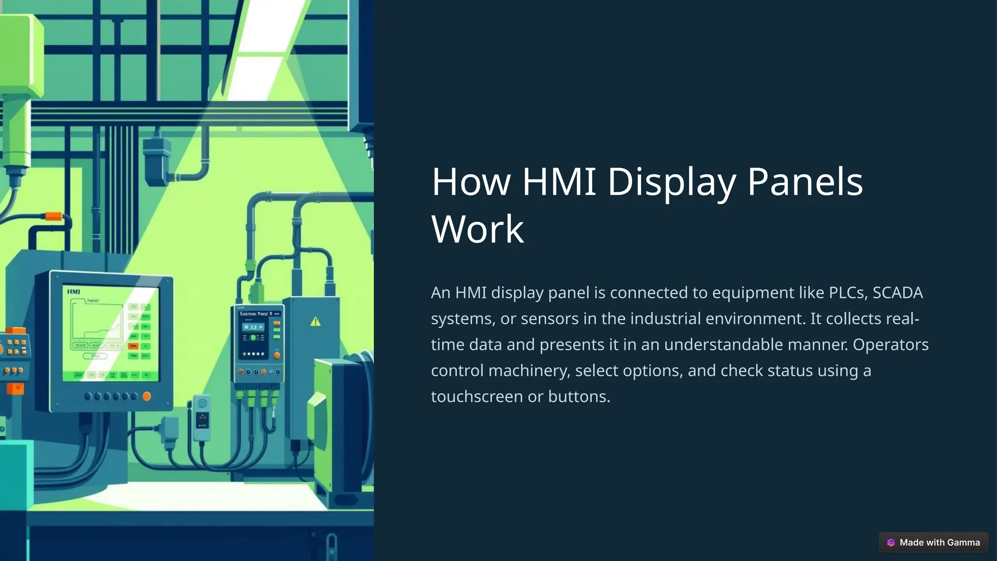 How HMI Display Panels
Work
An HMI display panel is connected to equipment like PLCs, SCADA
systems, or sensors in the industrial environment. It collects real-
time data and presents it in an understandable manner. Operators
control machinery, select options, and check status using a
touchscreen or buttons.
 