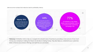 14
Here are some numbers that make the case for profitability metrics:
Takeaway: Profitability metrics help you navigate the turbulent seas of business by providing a clear picture of how much
money your company is making. But they're not all about chasing money. They also help you understand your customers
better, enhance your product offerings, and optimize your processes.
Takeaway: Profitability metrics help you navigate the turbulent seas of business by providing a clear picture of how much
money your company is making. But they're not all about chasing money. They also help you understand your customers
better, enhance your product offerings, and optimize your processes.
Takeaway: Profitability metrics help you navigate the turbulent seas of business by providing a clear picture of how much
money your company is making. But they're not all about chasing money. They also help you understand your customers
better, enhance your product offerings, and optimize your processes.
Nearly 30%
of small businesses fail in the
first two years, while 50% fail in
the first five years, owing to
the lack of utilization of
profitability metrics.
77%
of marketers in the United
States used profitability metrics
to measure their marketing
campaigns' ROI.
44%
of companies use ROI to
evaluate the performance of
their marketing investments,
emphasizing the significance of
profitability metrics in
marketing.
 