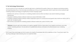 08
You can only do so much manually, you need the right tools to understand the wealth of data at your disposal. Automating analytics
and reporting saves time, is more accurate, and enables you to focus on improving results. Here's a quick look at why having the right
marketing analytics technology can significantly increase campaign quality:
Even though these advantages are hard to ignore, the majority of businesses often fail to capitalize on them. The primary culprit? The
daunting challenge of demonstrating return on investment (ROI).
Marketers who use five or more tools in a marketing analytics stack are 39% more likely to see overall marketing campaign
improvement
The global marketing analytics software market was valued at $3.9 billion in 2021
The global marketing analytics software market is expected to grow at a compound annual growth rate of 14.8% from 2020 to 2027 to
reach USD 7.43 billion by 2027
North America dominated the marketing analytics software market with a share of 46.21% in 2019.
5. The Technology Phenomenon
Takeaway: Using the right tools enables you to gather a greater volume of data, derive more insightful conclusions, and make
superior marketing decisions. The abundance of available data directly contributes to the effectiveness of your marketing
analytics.
Takeaway: Using the right tools enables you to gather a greater volume of data, derive more insightful conclusions, and make
superior marketing decisions. The abundance of available data directly contributes to the effectiveness of your marketing
analytics.
Takeaway: Using the right tools enables you to gather a greater volume of data, derive more insightful conclusions, and make
superior marketing decisions. The abundance of available data directly contributes to the effectiveness of your marketing
analytics.
 