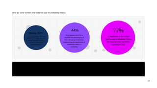 14
Here are some numbers that make the case for profitability metrics:
Takeaway: Profitability metrics help you navigate the turbulent seas of business by providing a clear picture of how much money your
company is making. But they're not all about chasing money. They also help you understand your customers better, enhance your
product offerings, and optimize your processes.
Nearly 30%
of small businesses fail in the
first two years, while 50% fail in
the first five years, owing to
the lack of utilization of
profitability metrics.
77%
of marketers in the United
States used profitability metrics
to measure their marketing
campaigns' ROI.
44%
of companies use ROI to
evaluate the performance of
their marketing investments,
emphasizing the significance of
profitability metrics in
marketing.
 