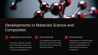 Developments in Materials Science and
Composites
1 Lightweight and Durable
Innovative composite materials
will combine high strength, low
weight, and enhanced durability
for mechanical applications.
2 Smart Materials
The integration of sensors and
responsive materials will enable
self-monitoring and self-healing
mechanical systems.
3 Nanomaterials
Advancements in nanotechnology
will lead to the development of
ultra-strong, lightweight, and
highly efficient mechanical
components.
 