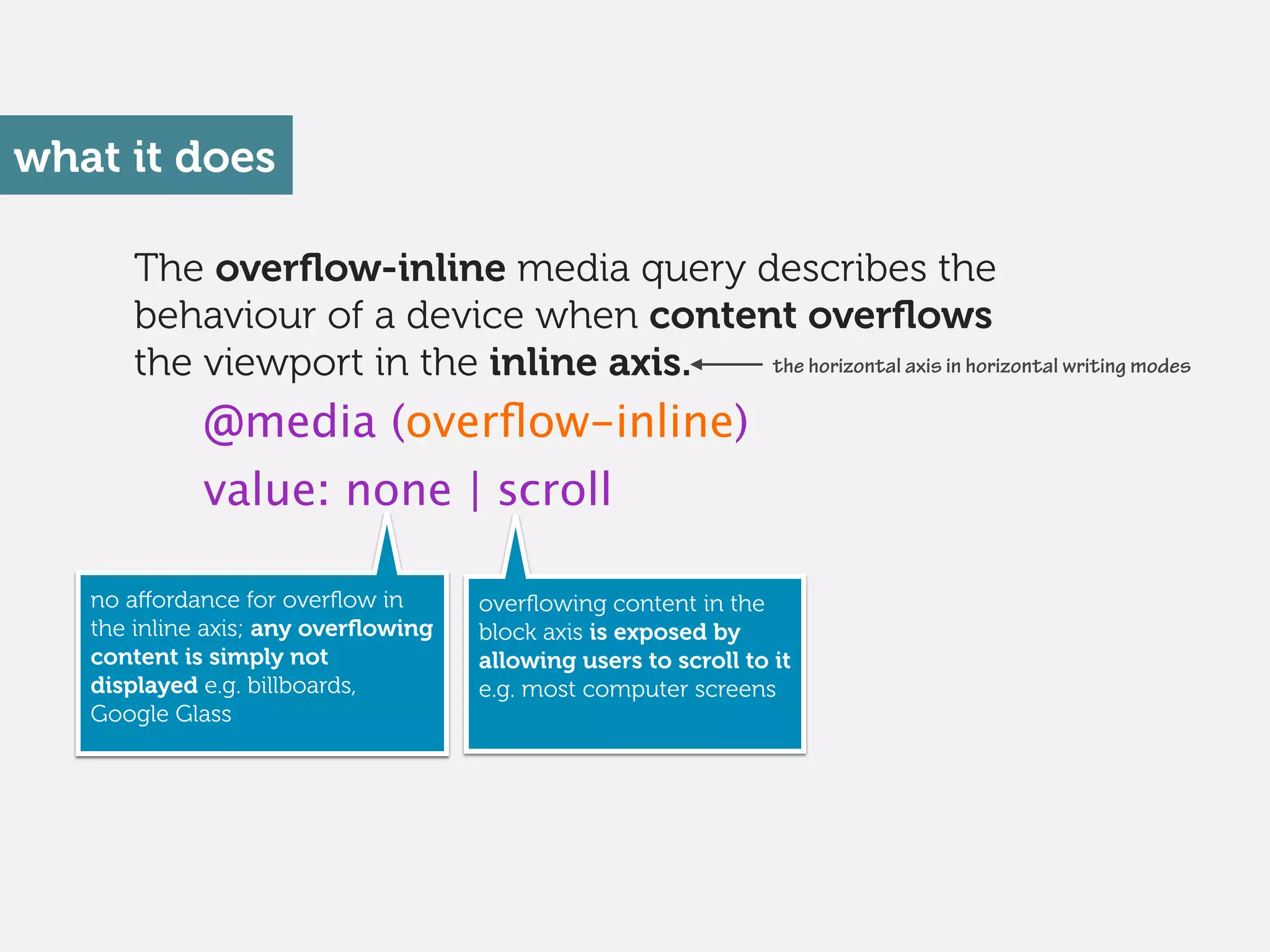 The overﬂow-inline media query describes the
behaviour of a device when content overﬂows
the viewport in the inline axis.
what it does
@media (overﬂow-inline)
value: none | scroll
no aﬀordance for overﬂow in
the inline axis; any overﬂowing
content is simply not
displayed e.g. billboards,
Google Glass 
overﬂowing content in the
block axis is exposed by
allowing users to scroll to it
e.g. most computer screens 
the horizontal axis in horizontal writing modes
 