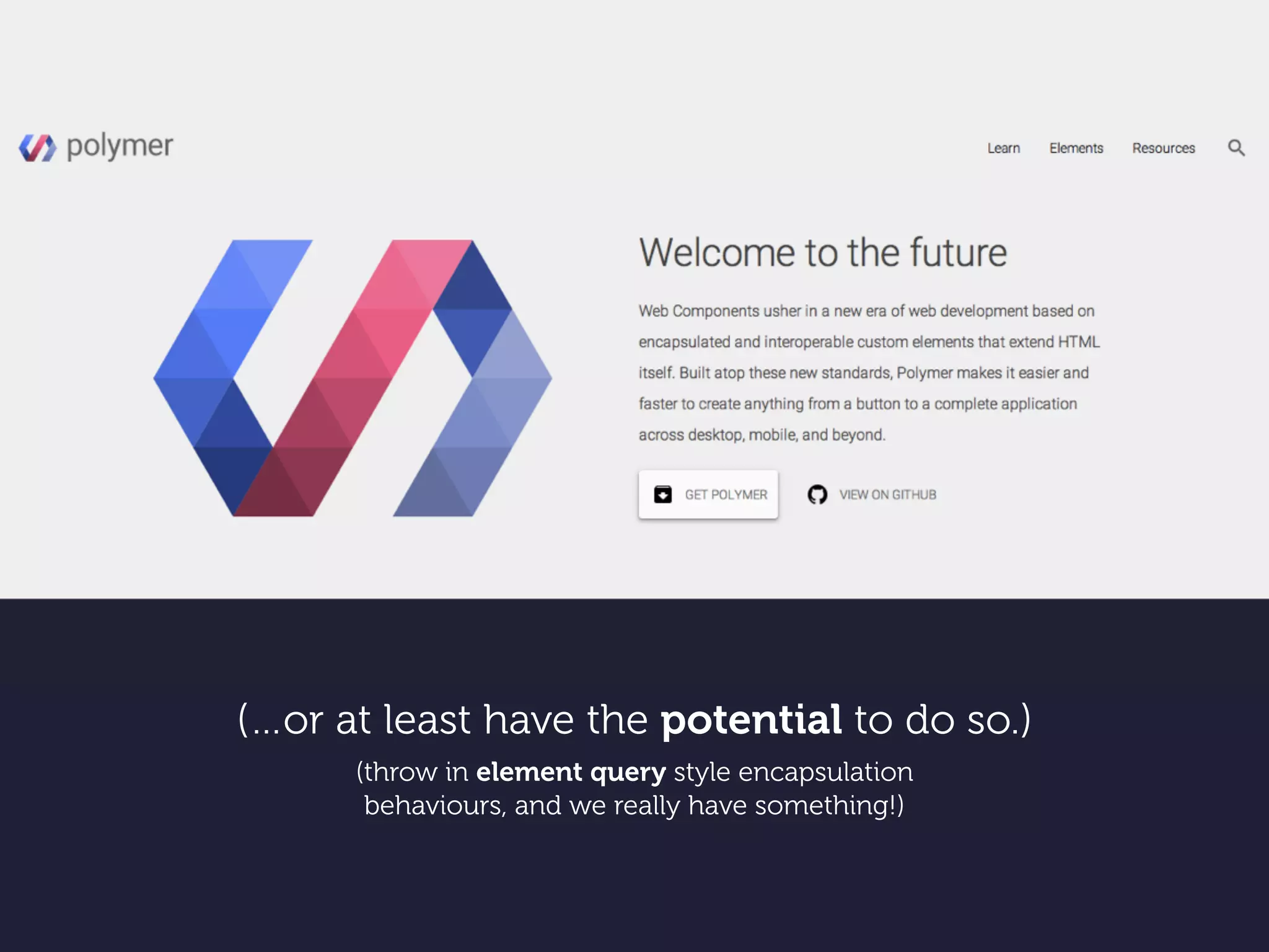 (…or at least have the potential to do so.)
(throw in element query style encapsulation
behaviours, and we really have something!)
 
