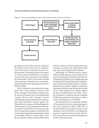 153 
The Future of National and International Security on the Internet 
﻿ 
providing users from other countries to purchase IT products with the same level of confidence, since certification is recognized across all complying nations. Evaluating a product with respect to security requires identification of customer’s security needs and an assessment of the capabilities of the product. The CC aids customers in both of these processes through two key components: protection profiles and evaluation assurance levels (CCEVS, 2008). 
The CC is the process that replaced the Orange Book. The CC has evaluated assurance levels (EAL) 1 through 7. EAL products 1 through 4 may be used and certified in any of the participating countries. However, EAL 5 through 7 must be certified by the countries national security agency, that is the United States’ national agency is the National Security Agency and United Kingdom’s national agency is the Communication Electronics Security Group (CESG). By all accounts, the NSA’a Orange Book program, in which the NSA forced vendors through prolonged product testing at Fort Meade, MD was a dismal failure. Also, the government’s failure to Orange-Book-tested products, which were often out of date after years of testing, was a blow to the vendors that invested huge sums in the Orange Book Evaluations. 
Additionally the National Security Agency (NSA) and DHS sponsors a joint venture known as the National Centers of Academic Excellence in IA Education (CAE/IAE), IA 2-year Education and Training (CAE/2Y) and lA Research (CAE/R) programs. Students that attend institutions with these designations are eligible to apply for scholarships and grants which they repay through government service. These programs were created to address the lack of available talent in lA. Table 1 shows the Committee on National Security Standards (CNSS) that institutions must map to in order to receive the designation as a NSA/IAE. Since the purpose was to expand the numbers of lA personnel, it is hard to evaluate the program’s real success (Bishop & Taylor, 2009). One of the major problems is the lack of resources to all institutions who are NSA/IAE. Even though this program is targeted towards post high school efforts, more reforms are currently taking place in the K-12 educational areas. 
Figure 2. Process for building virtual world representations of real world items  