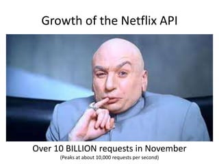 Growth of the Netflix APIOver 10 BILLION requests in November(Peaks at about 10,000 requests per second)
