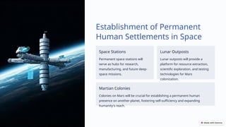 Establishment of Permanent
Human Settlements in Space
Space Stations
Permanent space stations will
serve as hubs for research,
manufacturing, and future deep-
space missions.
Lunar Outposts
Lunar outposts will provide a
platform for resource extraction,
scientific exploration, and testing
technologies for Mars
colonization.
Martian Colonies
Colonies on Mars will be crucial for establishing a permanent human
presence on another planet, fostering self-sufficiency and expanding
humanity's reach.
 