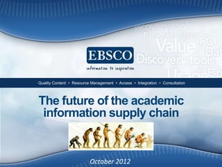 •Quality Content • Resource Management • Access • Integration • Consultation




The future of the academic
 information supply chain


                           October 2012
 