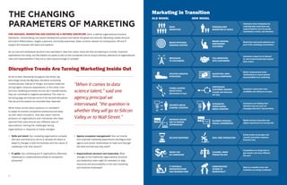 4 5
MASS
MARKETING
PERSONALIZED
MARKETING AT SCALE
Customers know companies are
collecting data about them and
expect brands to use it to provide
convenience, service, and relevance.
BRAND MYSTIQUE,
MESSAGE CONTROL
BRAND HACKING,
EMPOWERED
CUSTOMER
Brand fans and brand saboteurs are
part of the marketing conversation.
MESSAGING
TO CUSTOMERS
COLLABORATING
WITH CUSTOMERS
Customers expect to be listened
to, and reward brands that respect
their voices.
INTUITIVE CREATIVE
STRATEGIES
QUANTIFIED, DATA-
DRIVEN CAMPAIGNS
Better measurement leads
stakeholders to expect greater
accountability from marketing.
FUNNEL-SHAPED
SALES CYCLE
(Conversion is key)
CONTINUOUS
CUSTOMER JOURNEY
(Loyalty and advocacy
are key)
Consumer voices have more
credibility and influence on sales.
DISCRETE MEDIA
CHANNEL STRATEGY
INTEGRATED
OMNICHANNEL
MEDIA STRATEGY
Consumers are dividing their
attention and can tune out
messages that don’t interest them.
SEPARATE ONLINE
AND IN-PERSON
EXPERIENCES
BLENDED PHYSICAL/
DIGITAL EXPERIENCES
Mobile devices bring data and
digital experiences to everyday life.
DELAYED RESPONSE REAL-TIME INTERACTION
Social media encourages and
rewards immediate response.
Snoozers lose.
MURKY ROI
ON CAMPAIGNS
CLEARER, MORE
PREDICTIVE ROI
Competitors are using data to
get smarter and more efficient.
Are you?
IT CONTROLS
INFRASTRUCTURE
AND MANAGES RISK
DEMOCRATIZED
ACCESS TO
MARKETING IT
Data is a sensitive issue and
marketers are being scrutinized.
FOR DECADES, MARKETING HAS EXISTED AS A DEFINED DISCIPLINE within a defined organizational structure.
Operations, merchandising, and product development produce and deliver the goods and services. Marketing creates demand
and brand differentiation, targets customers, and builds awareness. Sales converts interest into transactions. HR and IT
support the business with talent and systems.
As our lives and workplaces become more saturated in data and media, those old silos are starting to crumble. Customer
expectations are rising, and the leaders we spoke to told us that companies cannot cling to arbitrary definitions of organizational
roles and responsibilities if they are to react quickly enough to compete.
THE CHANGING
PARAMETERS OF MARKETING
Disruptive Trends Are Turning Marketing Inside Out
As we’ve been discussing throughout this series, big
technology trends like Big Data, pervasive computing
(mobile devices, Internet of things), and social media are
driving higher consumer expectations. In this world, tried
and true marketing principles not only don’t benefit brands,
they can contribute to negative perceptions. The chart on
the facing page summarizes some of the top-level disruptions
that we and the experts we consulted have observed.
While these trends place pressure on marketers
to adapt to outside competitive pressures and keep
up with rapid innovation, they also place internal
pressure on organizations and individuals who have
planned their jobs around very different sets of
assumptions. Among the challenges facing
organizations in response to these changes:
•	 Skills and talent: Can marketing organizations compete
with tech and finance to recruit or develop the talent to
adapt to changes in both the business and the culture of
marketing in the 21st century?
•	 IT agility: Can marketing and IT organizations effectively
collaborate to create solutions ahead of competitive
pressures?
•	 Agency ecosystem management: How can brands
and corporate marketing departments reconfigure their
agency and vendor relationships to make sure they get
the skills and services they need?
•	 Organizational structure and leadership: What
changes to the traditional organizational structure
and leadership roles might be necessary to align
resources and accountability to the new marketing
and business landscape?
“When it comes to data
science talent,” said one
agency principal we
interviewed, “the question is
whether they will go to Silicon
Valley or to Wall Street.”
Marketing in Transition
OLD MODEL NEW MODEL
 