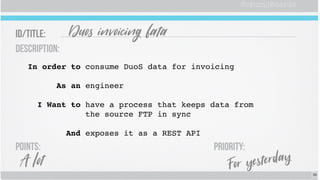 In order to consume DuoS data for invoicing
As an engineer
I Want to have a process that keeps data from
the source FTP in sync
And exposes it as a REST API
33
 