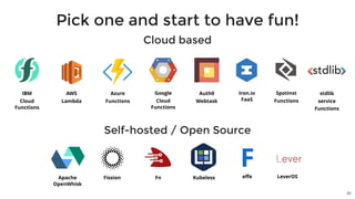 Pick one and start to have fun!
IBM
Cloud
Functions
AWS
Lambda
Azure
Functions
Google
Cloud
Functions
Auth0
Webtask
Iron.io
FaaS
Spotinst
Functions
Apache
OpenWhisk
Fission
stdlib
service
Functions
51
Fn Kubeless
Cloud based
Self-hosted / Open Source
Feﬀe LeverOS
 