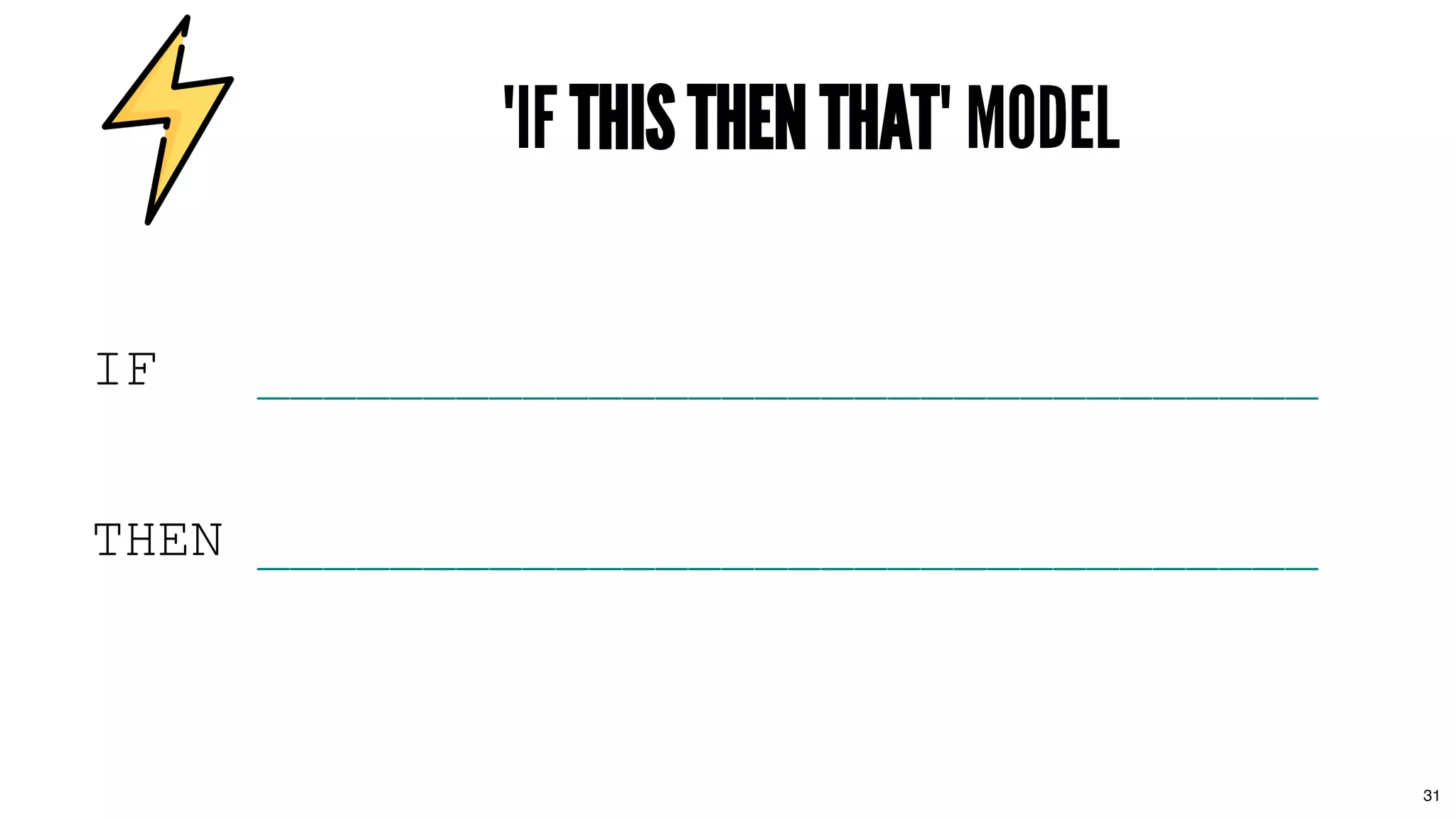 IF   ________________________________  
 
THEN ________________________________ 
        
"IF"IF THISTHIS THENTHEN THATTHAT" MODEL" MODEL
31
 