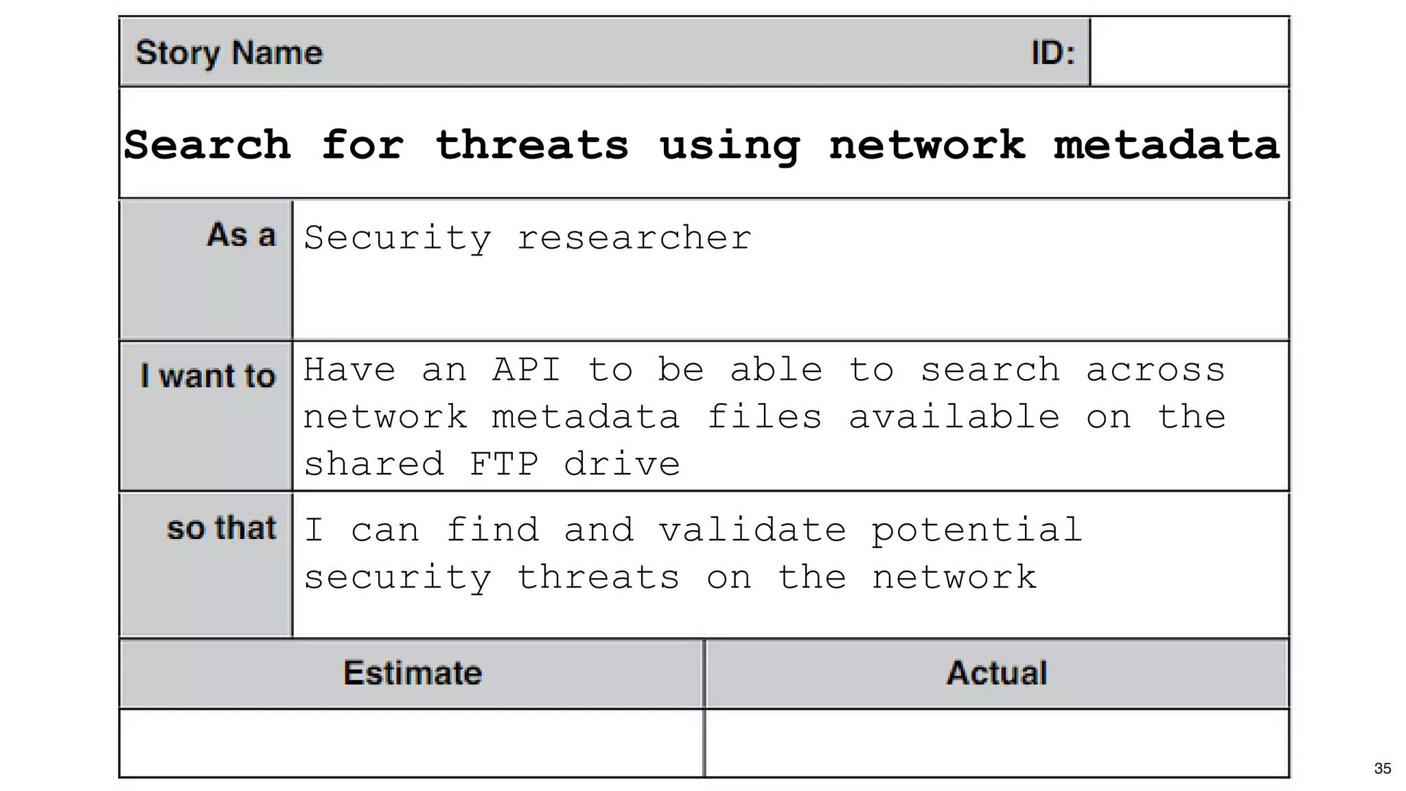 Search for threats using network metadata
Security researcher
Have an API to be able to search across 
network metadata files available on the 
shared FTP drive
I can find and validate potential 
security threats on the network
35
 