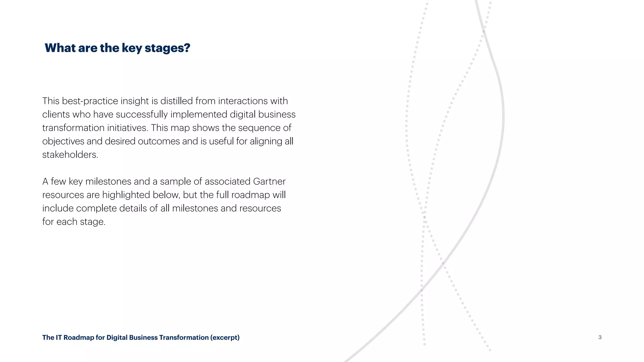 The IT Roadmap for Digital Business Transformation (excerpt)
What are the key stages?
This best-practice insight is distilled from interactions with
clients who have successfully implemented digital business
transformation initiatives. This map shows the sequence of
objectives and desired outcomes and is useful for aligning all
stakeholders.
A few key milestones and a sample of associated Gartner
resources are highlighted below, but the full roadmap will
include complete details of all milestones and resources
for each stage.
3
 