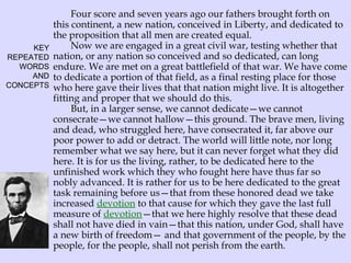 KEY
REPEATED
WORDS
AND
CONCEPTS

Four score and seven years ago our fathers brought forth on
this continent, a new nation, conceived in Liberty, and dedicated to
the proposition that all men are created equal.
Now we are engaged in a great civil war, testing whether that
nation, or any nation so conceived and so dedicated, can long
endure. We are met on a great battlefield of that war. We have come
to dedicate a portion of that field, as a final resting place for those
who here gave their lives that that nation might live. It is altogether
fitting and proper that we should do this.
But, in a larger sense, we cannot dedicate—we cannot
consecrate—we cannot hallow—this ground. The brave men, living
and dead, who struggled here, have consecrated it, far above our
poor power to add or detract. The world will little note, nor long
remember what we say here, but it can never forget what they did
here. It is for us the living, rather, to be dedicated here to the
unfinished work which they who fought here have thus far so
nobly advanced. It is rather for us to be here dedicated to the great
task remaining before us—that from these honored dead we take
increased devotion to that cause for which they gave the last full
measure of devotion—that we here highly resolve that these dead
shall not have died in vain—that this nation, under God, shall have
a new birth of freedom— and that government of the people, by the
people, for the people, shall not perish from the earth.

 