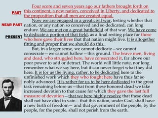 Four score and seven years ago our fathers brought forth on
PAST this continent, a new nation, conceived in Liberty, and dedicated to
the proposition that all men are created equal.
Now we are engaged in a great civil war, testing whether that
NEAR PAST nation, or any nation so conceived and so dedicated, can long
endure. We are met on a great battlefield of that war. We have come
to dedicate a portion of that field, as a final resting place for those
PRESENT
who here gave their lives that that nation might live. It is altogether
fitting and proper that we should do this.
But, in a larger sense, we cannot dedicate—we cannot
consecrate—we cannot hallow—this ground. The brave men, living
and dead, who struggled here, have consecrated it, far above our
poor power to add or detract. The world will little note, nor long
remember what we say here, but it can never forget what they did
here. It is for us the living, rather, to be dedicated here to the
unfinished work which they who fought here have thus far so
nobly advanced. It is rather for us to be here dedicated to the great
task remaining before us—that from these honored dead we take
increased devotion to that cause for which they gave the last full
measure of devotion—that we here highly resolve that these dead
shall not have died in vain—that this nation, under God, shall have
a new birth of freedom— and that government of the people, by the
people, for the people, shall not perish from the earth.

 