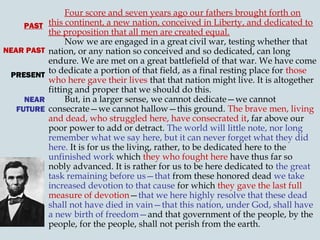 PAST
NEAR PAST
PRESENT
NEAR
FUTURE

Four score and seven years ago our fathers brought forth on
this continent, a new nation, conceived in Liberty, and dedicated to
the proposition that all men are created equal.
Now we are engaged in a great civil war, testing whether that
nation, or any nation so conceived and so dedicated, can long
endure. We are met on a great battlefield of that war. We have come
to dedicate a portion of that field, as a final resting place for those
who here gave their lives that that nation might live. It is altogether
fitting and proper that we should do this.
But, in a larger sense, we cannot dedicate—we cannot
consecrate—we cannot hallow—this ground. The brave men, living
and dead, who struggled here, have consecrated it, far above our
poor power to add or detract. The world will little note, nor long
remember what we say here, but it can never forget what they did
here. It is for us the living, rather, to be dedicated here to the
unfinished work which they who fought here have thus far so
nobly advanced. It is rather for us to be here dedicated to the great
task remaining before us—that from these honored dead we take
increased devotion to that cause for which they gave the last full
measure of devotion—that we here highly resolve that these dead
shall not have died in vain—that this nation, under God, shall have
a new birth of freedom—and that government of the people, by the
people, for the people, shall not perish from the earth.

 