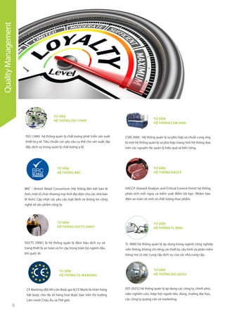 8
TƯ VẤN
HỆ THỐNG CSM 2000
TƯ VẤN
HỆ THỐNG BRC
TƯ VẤN
HỆ THỐNG ISO/TS 29001
TƯ VẤN
HỆ THỐNG ISO 20252
TƯ VẤN
HỆ THỐNG ISO 13485
CSM 2000 - Hệ thống quản lý sự phù hợp và chuỗi cung ứng
là một hệ thống quản lý sự phù hợp mang tính hệ thống dựa
trên các nguyên tắc quản lý hiệu quả và bền vững.
BRC – British Retail Consortium (Hệ thống liên kết bán lẻ
Anh, một tổ chức thương mại Anh đại diện cho các nhà bán
lẻ Anh). Cập nhật các yêu cầu luật định và thông tin công
nghệ về sản phẩm công ty.
ISO/TS 29001 là hệ thống quản lý đảm bảo dịch vụ và
trang thiết bị an toàn và tin cậy trong toàn bộ ngành dầu
khí quốc tế.
ISO 20252 hệ thống quản lý áp dụng các công ty, chính phủ,
viện nghiên cứu, hiệp hội người tiêu dùng, trường đại học,
các công ty quảng cáo và marketing.
ISO 13485 hệ thống quản lý chất lượng phát triển sản xuất
thiết bị y tế. Tiêu chuẩn các yêu cầu cụ thể cho sản xuất, lắp
đặt, dịch vụ trong quản lý chất lượng y tế.
TƯ VẤN
HỆ THỐNG TL 9000
TL 9000 hệ thống quản lý áp dụng trong ngành công nghiệp
viễn thông, không chỉ riêng các thiết bị, cấu hình và phần mềm
hỏng mà cả việc cung cấp dịch vụ của các nhà cung cấp.
TƯ VẤN
HỆ THỐNG HACCP
HACCP (Hazard Analysis and Critical Control Point) hệ thống
phân tích mối nguy và kiểm soát điểm tới hạn. Nhằm bảo
đảm an toàn vệ sinh và chất lượng thực phẩm.
TƯ VẤN
HỆ THỐNG CE-MARKING
CE Marking (đôi khi còn được gọi là CE Mark) là nhãn hàng
bắt buộc cho đa số hàng hoá được bán trên thị trường
Liên minh Châu Âu và Thế giới.
QualityManagement
 