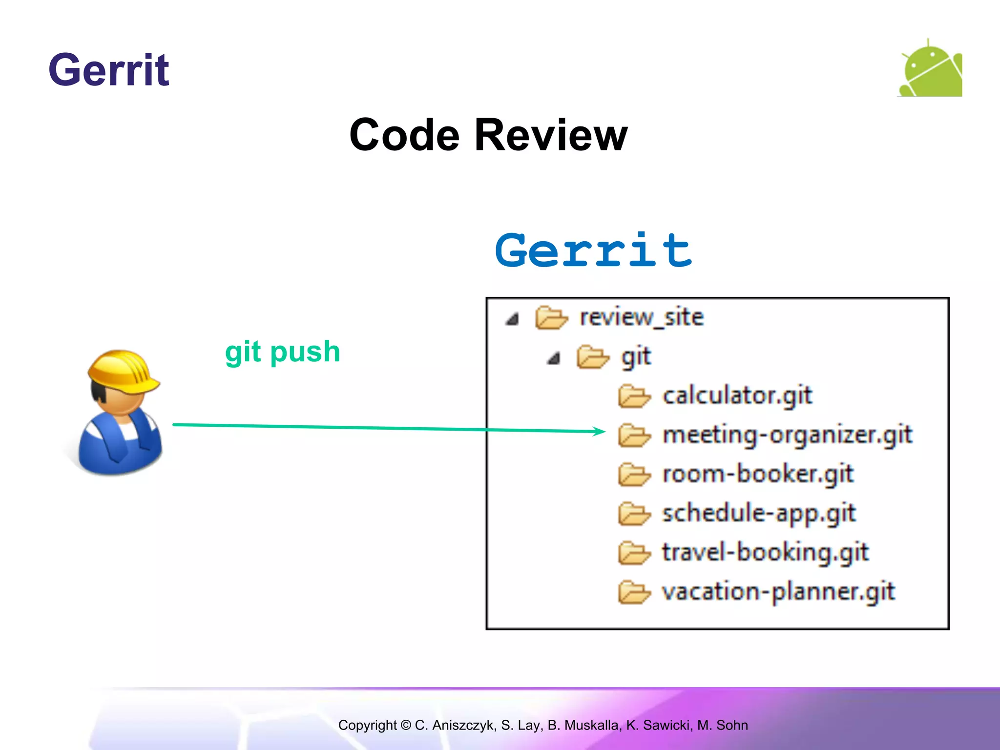 Gerrit
                    Code Review

                                         Gerrit
         git push




                Copyright © C. Aniszczyk, S. Lay, B. Muskalla, K. Sawicki, M. Sohn
 