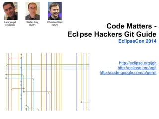 Code Matters -
Eclipse Hackers Git Guide
EclipseCon 2014
http://eclipse.org/jgit
http://eclipse.org/egit
http://code.google.com/p/gerrit
Stefan Lay
(SAP)
Lars Vogel
(vogella)
Christian Grail
(SAP)
 