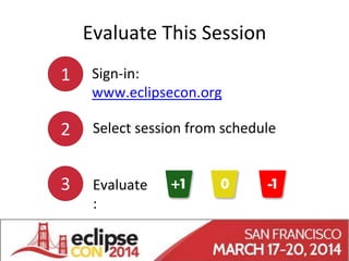 Evaluate This Session
Sign-in:
www.eclipsecon.org
Select session from schedule
Evaluate
:
1
2
3
 