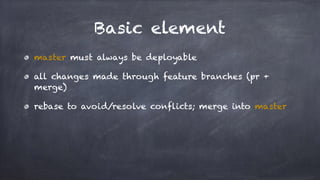Basic element
master must always be deployable
all changes made through feature branches (pr +
merge)
rebase to avoid/resolve conflicts; merge into master
 