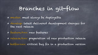 Branches in git-flow
master: must always be deployable
develop: latest delivered development changes for
the next release
feature/xxx: new features
release/xxx: preparation of new production release
hotfix-xxx: critical bug fix in a production version
 
