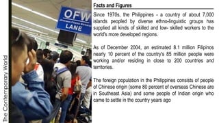The
Contemporary
World Facts and Figures
Since 1970s, the Philippines - a country of about 7,000
islands peopled by diverse ethno-linguistic groups has
supplied all kinds of skilled and low- skilled workers to the
world's more developed regions.
As of December 2004, an estimated 8.1 million Filipinos
nearly 10 percent of the country's 85 million people were
working and/or residing in close to 200 countries and
territories.
The foreign population in the Philippines consists of people
of Chinese origin (some 80 percent of overseas Chinese are
in Southeast Asia) and some people of Indian origin who
came to settle in the country years ago
 