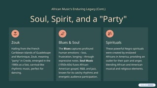 African Music's Enduring Legacy (Cont.)
Soul, Spirit, and a "Party"
Zouk
Hailing from the French
Caribbean islands of Guadeloupe
and Martinique, Zouk, meaning
"party" in Creole, emerged in the
1980s as a fast, carnival-like
rhythmic music, perfect for
dancing.
Blues & Soul
The Blues captures profound
human emotions – loss,
frustration, longing – through
expressive notes. Soul Music
(1950s-60s) fuses African-
American gospel, R&B, and jazz,
known for its catchy rhythms and
energetic audience participation.
Spirituals
These powerful Negro spirituals
were created by enslaved
Africans in America, providing an
outlet for their pain and anger,
blending African and American
musical and religious elements.
 