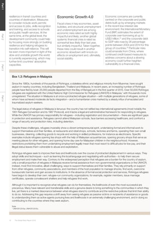 The Global Risks Report 201616
Part1Part2Part3Part4
resilience in transit countries and
countries of destination. Measures
to consider include work permits
and access to jobs, skills recognition
and training, and access to schools
and public health services. At the
same time, at the global level, the
development community could help
by focusing more strongly on building
resilience and helping refugees to
transition into self-reliance. This will
be even more important in light of the
slow and unstable growth the world
is currently experiencing, which may
further limit countries’ absorptive
capacities.
Economic Growth 4.0
Fiscal crises in key economies, asset
bubbles, and structural unemployment
and underemployment are among
economic risks rated as both highly
impactful and likely; another global
systemic financial crisis is rated as
somewhat less likely than last year,
but similarly impactful. Taken together,
these risks could result in another
economic slowdown with knock-on
effects on employment and, ultimately,
social stability.
Box 1.3: Refugees in Malaysia
Since the 1980s, hundreds of thousands of Rohingya, a stateless ethnic and religious minority from Myanmar, have sought
asylum in nearby countries, including Bangladesh, Thailand and Malaysia. In recent years, an increasing number of Rohingya
people have fled by boat: 25,000 people departed from the Bay of Bengal just in the first quarter of 2015. Over 50,000 Rohingya
refugees are registered with the United Nations High Commissioner for Refugees (UNHCR) in Malaysia,1
with thousands more
unregistered. The situation in Malaysia is at once a protracted refugee situation – with multiple generations of refugees, some of
whom have achieved moderate de facto integration – and a humanitarian crisis marked by a steady influx of emaciated and
traumatized asylum-seekers.
The legal status of refugees in Malaysia is tenuous: the country has not ratified key international agreements (most notably the
1951 Refugee Convention and its 1967 Protocol), and it lacks a legal and administrative framework for responding to refugees.
While the UNHCR has primary responsibility for refugees – including registration and documentation – there are significant gaps
in protection and assistance. Refugees cannot attend Malaysian schools, face barriers accessing healthcare, and confront a
range of security and protection risks, including detention.
Despite these challenges, refugees invariably show a vibrant entrepreneurial spirit, undertaking formal and informal work to
support themselves and their families, at restaurants and retail shops, schools, factories and farms, operating their own small
businesses, cleaning, collecting goods to recycle and working in skilled professions, for instance as electricians. Specific
examples include refugees opening tea shops with the help of Malaysian acquaintances, opening grocery shops that serve as
meeting places for other refugees, and opening home day care for Malaysian children in the neighbourhood. However,
restrictions prohibiting them from undertaking employment legally mean that most resort to difficult jobs for low pay, and their
illegal status leaves them vulnerable to abuse and exploitation.
Rohingya refugees seek to improve their lives and livelihoods over the course of protracted displacement in various ways. They
adopt skills and techniques – such as learning the local language and negotiating with authorities – to help them secure
employment and make their way. Contrary to the widespread perception that refugees are a burden for the country of asylum,
only a small proportion of refugees in Malaysia receive formal assistance from non-governmental organizations or the UNHCR;
instead, most find innovative, albeit challenging, ways to support themselves and their families. They rely primarily on support
from other refugees, community associations, and members of the host population to manage shocks, find work, overcome
bureaucratic barriers and gain access to institutions. In the absence of formal social protection and services, Rohingya refugees
have begun to develop their own: refugee-run community organizations, for example, register members, issue marriage
certificates, operate convalescent shelters and help refugees find work.
Although it is important to recognize what refugees can do for themselves, the livelihoods of even the most successful are
precarious. Many have relevant and transferable skills and a genuine desire to bring something to the communities in which they
live, yet there is a marked dissonance between what refugees stand to contribute and the restrictive policies that limit their ability
to do so. Addressing this gap requires a shift away from seeing refugees as passive victims or recipients of assistance or goods
to understanding them as active agents pursuing lives and livelihoods in an extremely challenging environment, and in doing so
contributing to the countries where they seek asylum.
Note
1
UNHCR 2015a; UNHCR 2015c.
Economic concerns are currently
centred on the corporate and public
debts built up by emerging markets
in the recent low-interest rate
environment: the International Monetary
Fund (IMF) estimates the extent of
corporate over-borrowing at up to
US$3 trillion,23
and the corporate debt
to GDP ratio rose by 26 percentage
points between 2004 and 2014 for this
group of countries.24
Particular risks
could emanate from China, where
continued credit-based measures to
address concerns about a slowing
economy could further heighten
vulnerability to a financial crisis.
 