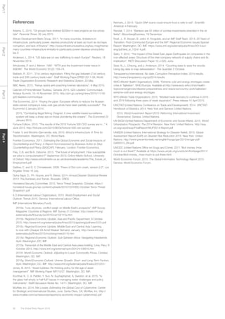 The Global Risks Report 201680
Part1Part2Part3Part4
References
Adams, C. 2015. “Oil groups have shelved $200bn in new projects as low prices
bite”. Financial Times, 26 July 2015.
African Development Bank Group. 2011. “In many countries, limitations in
infrastructure, particularly power, depress productivity at least as much as red tape,
corruption, and lack of finance”. http://www.infrastructureafrica.org/key-msg/theme/
many-countries-infrastructure-limitations-particularly-power-depress-productivity-
lea-0
Anderson, L. 2014. “US data war on sex trafficking to reach Europe”. Reuters, 18
November 2014.
Athukorala, P. and J. Menon. 1997. “AFTA and the investment-trade nexus in
ASEAN”. The World Economy 20 (2): 159–74.
Baldwin, R. 2011. “21st century regionalism: Filling the gap between 21st century
trade and 20th century trade rules”. Staff Working Paper ERSD-2011-08, World
Trade Organization Economic Research and Statistics Division, 23 May.
BBC News. 2015. “Kenya opens anti-poaching forensic laboratory”. 8 May 2015.
Cabinet of Prime Minister Trudeau, Canada. 2015. G20 Leaders’ Communiqué,
Antalya Summit, 15–16 November 2015. http://pm.gc.ca/eng/news/2015/11/16/
g20-leaders-communique
The Economist. 2014. “Paying the piper: European efforts to reduce the Russian
state-owned company’s sway over gas prices have been partially successful”. The
Economist 2 January 2014.
2015. “Combating illegal fishing: Dragnet: A new satellite-based surveillance
system will keep a sharp eye on those plundering the oceans”. The Economist 22
January 2015.
Fortune Editors. 2015. “The results of the 2015 Fortune 500 CEO survey are in...” 4
June 2015. http://fortune.com/2015/06/04/fortune-500-ceo-survey/
Foster, V. and Briceño-Garmendia, eds. 2010. Africa’s Infrastructure: A Time for
Transformation. Washington, DC: World Bank.
Frontier Economics. 2011. Estimating the Global Economic and Social Impacts of
Counterfeiting and Piracy: A Report Commissioned by Business Action to Stop
Counterfeiting and Piracy (BASCAP), February. London: Frontier Economics.
Frey, C.B. and M.A. Osborne. 2013. “The future of employment: How susceptible
are jobs to computerisation?” September 2013, Oxford Martin School, University
of Oxford. http://www.oxfordmartin.ox.ac.uk/downloads/academic/The_Future_of_
Employment.pdf
Gaither, C. and D. C. Chmielewski. 2006. “Fears of Dot-com crash, version 2.0”. Los
Angeles Times 16 July.
Guha-Sapir, D., Ph. Hoyois, and R. Below. 2014. Annual Disaster Statistical Review
2013: The Numbers and Trends. Brussels: CRED.
Homeland Security Committee. 2015. Terror Threat Snapshot, October. https://
homeland.house.gov/wp-content/uploads/2015/10/HHSC-October-Terror-Threat-
Snapshot1.pdf
ILO (International Labour Organization). 2015. World Employment and Social
Outlook: Trends 2015. Geneva: International Labour Office.
IMF (International Monetary Fund).
2015a. “Low oil prices, conflict weigh on Middle East’s prospects”. IMF Survey
Magazine: Countries & Regions. IMF Survey 21 October. http://www.imf.org/
external/pubs/ft/survey/so/2015/car102115a.htm
2015b. Regional Economic Update, Asia and Pacific Department, 9 October
2015. http://www.imf.org/external/pubs/ft/reo/2015/apd/eng/pdf/areo1015.pdf
2015c. Regional Economic Update, Middle East and Central Asia: Learning
to Live with Cheaper Oil Amid Weaker Demand, January. http://www.imf.org/
external/pubs/ft/reo/2015/mcd/eng/mreo0115.htm
2015d. Regional Economic Outlook: Sub-Saharan Africa: Navigating Headwinds.
April. Washington, DC: IMF.
2015e. Transcript of the Middle East and Central Asia press briefing. Lima, Peru, 9
October 2015. http://www.imf.org/external/np/tr/2015/tr100915.htm
2015f. World Economic Outlook: Adjusting to Lower Commodity Prices, October.
Washington, DC: IMF.
2015g. World Economic Outlook: Uneven Growth: Short- and Long-Term Factors,
April. Washington, DC: IMF. http://www.imf.org/external/pubs/ft/weo/2015/01/
Jones, B. 2015. “Asset bubbles: Re-thinking policy for the age of asset
management”. IMF Working Paper WP/15/27. Washington, DC: IMF.
Kochhar, K. C. A. Pattillo; Y. Sun, N. Suphaphiphat, A. Swiston, et al. 2015. “Is
the glass half empty or half full? Issues in managing water challenges and policy
instruments”. Staff Discussion Notes No. 14/11, Washington, DC: IMF.
McAfee, Inc. 2014. Net Losses: Estimating the Global Cost of Cybercrime. Center
for Strategic and International Studies, June. Santa Clara, CA: McAfee, Inc. http://
www.mcafee.com/us/resources/reports/rp-economic-impact-cybercrime2.pdf
Neimark, J. 2014. “Quick DNA scans could ensure food is safe to eat”. Scientific
American 4 February.
Randall, T. 2014. “Bankers see $1 trillion of zombie investments stranded in the oil
fields”. BloombergBusiness, 18 December.
Roaf, J., R. Atoyan, B. Joshi, K. Krogulski, and an IMF Staff Team. 2014. 25 Years of
Transition: Post-Communist Europe and the IMF. Regional Economic Issues Special
Report. Washington, DC: IMF. https://www.imf.org/external/pubs/ft/reo/2014/eur/
eng/pdf/erei_sr_102414.pdf
Saito, Y. 2012. “The impact of the Great East Japan Earthquake on companies in the
non-affected areas: Structure of the inter-company network of supply chains and its
implication”, RIETI Discussion Paper 12-J-020, June.
Sizer, N., L. Cheung, and J. Anderson. 2014. “Counting trees to save the woods:
Using big data to map deforestation”. The Guardian 2 October.
Transparency International. No date. Corruption Perception Index: 2014 results.
http://www.transparency.org/cpi2014/results
WHO (World Health Organization). 2008. “Extreme cold and energy shortages create
crisis in Tajikistan”. WHO/Europe. Available at http://www.euro.who.int/en/health-
topics/emergencies/disaster-preparedness-and-response/country-work/tajikistan/
extreme-cold-and-energy-shortages
WTO (World Trade Organization). 2015. “Modest trade recovery to continue in 2015
and 2016 following three years of weak expansion”. Press release 14 April 2015.
UNCTAD (United Nations Conference on Trade and Development). 2014. UNCTAD
Handbook of Statistics 2014. New York and Geneva: United Nations.
2015. World Investment Report 2015: Reforming International Investment
Governance. Geneva: United Nations.
UN DESA (United Nations Department of Economic and Social Affairs). 2015. World
Urbanization Prospects: The 2014 Revision. New York: United Nations. http://esa.
un.org/unpd/wup/FinalReport/WUP2014-Report.pdf
UNISDR (United Nations International Strategy for Disaster Relief). 2015. Global
Assessment Report (GAR) on Disaster Risk Reduction 2015. New York: United
Nations. http://www.preventionweb.net/english/hyogo/gar/2015/en/gar-pdf/
GAR2015_EN.pdf
UNODC (United Nations Office on Drugs and Crime). 2011.“Illicit money: How
much is out there?” Available at https://www.unodc.org/unodc/en/frontpage/2011/
October/illicit-money_-how-much-is-out-there.html
World Economic Forum. 2015. The Global Information Technology Report 2015.
Geneva: World Economic Forum.
 