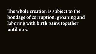 The whole creation is subject to the
bondage of corruption, groaning and
laboring with birth pains together
until now.
 