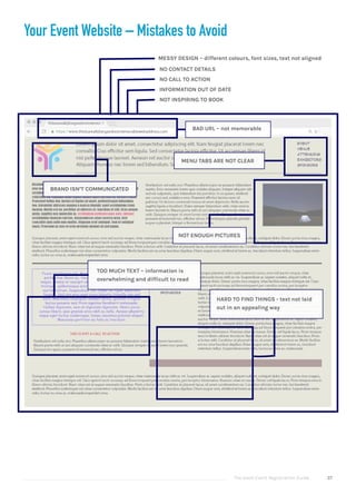 The Good Event Registration Guide 37
Your Event Website – Mistakes to Avoid
NO CONTACT DETAILS
NO CALL TO ACTION
INFORMATION OUT OF DATE
NOT INSPIRING TO BOOK
BRAND ISN’T COMMUNICATED
MESSY DESIGN – different colours, font sizes, text not aligned
MENU TABS ARE NOT CLEAR
NOT ENOUGH PICTURES
HARD TO FIND THINGS - text not laid
out in an appealing way
TOO MUCH TEXT – information is
overwhelming and difficult to read
BAD URL – not memorable
 