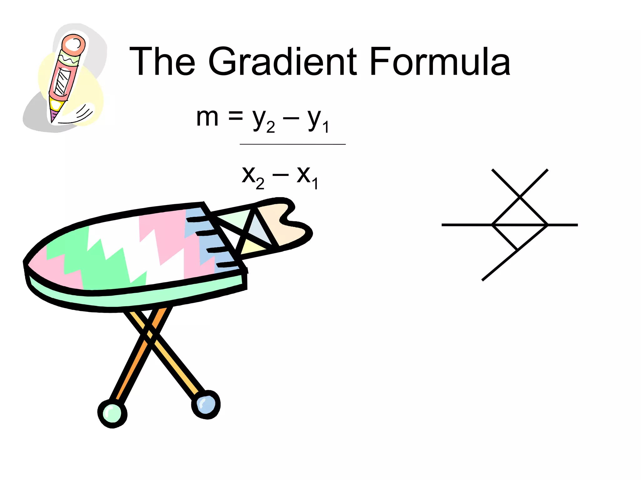 The Gradient Formula
m = y2 – y1
x2 – x1
 