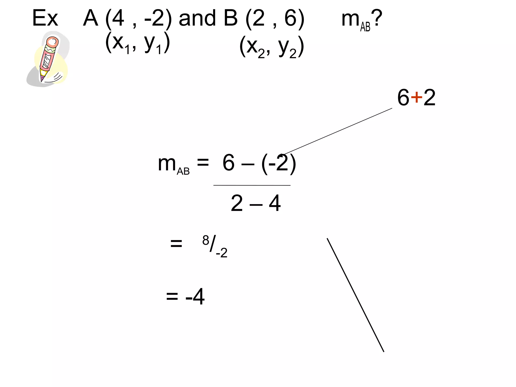 Ex A (4 , -2) and B (2 , 6) mAB?
mAB = 6 – (-2)
(x1, y1) (x2, y2)
= 8
/-2
= -4
6+2
2 – 4
 