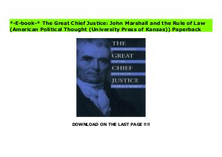 DOWNLOAD ON THE LAST PAGE !!!!
John Marshall remains one of the towering figures in the landscape of American law. From the Revolution to the age of Jackson, he played a critical role in defining the province of the judiciary and the constitutional limits of legislative action. In this masterly study, Charles Hobson clarifies the coherence and thrust of Marshall's jurisprudence while keeping in sight the man as well as the jurist.Hobson argues that contrary to his critics, Marshall was no ideologue intent upon appropriating the lawmaking powers of Congress. Rather, he was deeply committed to a principled jurisprudence that was based on a steadfast devotion to a science of law richly steeped in the common law tradition. As Hobson shows, such jurisprudence governed every aspect of Marshall's legal philosophy and court opinions, including his understanding of judicial review.The chief justice, Hobson contends, did not invent judicial review (as many have claimed) but consolidated its practice by adapting common law methods to the needs of a new nation. In practice, his use of judicial review was restrained, employed almost exclusively against acts of the state legislatures. Ultimately, he wielded judicial review to prevent the states from undermining the power of a national government still struggling to establish sovereignty at home and respect abroad.No chief justice and only one associate justice (William Douglas) served longer on the Supreme Court. But, as Hobson clearly shows, Marshall's deserved place in the pantheon of great American jurists rests far more upon principles than longevity. This book better than any other tells us why that's true and worthy of our attention. Download The Great Chief Justice: John Marshall and the Rule of Law (American Political Thought (University Press of Kansas)) News
*-E-book-* The Great Chief Justice: John Marshall and the Rule of Law
(American Political Thought (University Press of Kansas)) Paperback
 