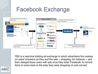 Facebook Exchange 
FBX is a real-time bidding ad exchange in which advertisers fire cookies 
on users' browsers as they su...