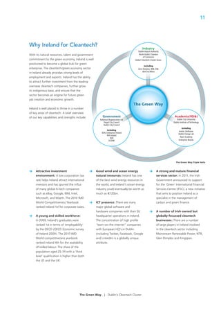 11




Why Ireland for Cleantech?
                                                                                             Industry
                                                                                        Dublin Airport Authority
With its natural resources, talent and government                                        North Dublin Chamber
                                                                                              of Commerce
commitment to the green economy, Ireland is well                                     Global Cleantech Cluster Assoc.
positioned to become a global hub for green
                                                                                              Including
enterprise. The cleantech/green economy sector                                          Glen Dimplex, IBM, ESB,
                                                                                            Bord na Móna
in Ireland already provides strong levels of
employment and exports. Ireland has the ability
to attract further investment from the leading
overseas cleantech companies, further grow
its indigenous base, and ensure that the
sector becomes an engine for future green
job creation and economic growth.
                                                                                    The Green Way
Ireland is well placed to thrive in a number
of key areas of cleantech. A brief overview
of our key capabilities and strengths include:            Government                                                        Academia/RD&I
                                                        Ballymun Regeneration Ltd                                             Dublin City University
                                                            Fingal City Council                                            Dublin Institute of Technology
                                                            Dublin City Council
                                                                                                                                   Including
                                                               Including                                                        Invent, Hothouse
                                                         SEAI, Enterprise Ireland                                               Dublin Energy Lab
                                                               IDA Ireland
                                                                                                                                 Ryan Academy
                                                                  DJEI
                                                                 DCENR                                                          Enterprise Boards




                                                                                                                             The Green Way Triple Helix



>    Attractive investment                       >   Good wind and ocean energy                      >       A strong and mature ﬁnancial
     environment: A low corporation tax              natural resources: Ireland has one                      services sector: In 2011, the Irish
     rate helps Ireland attract international        of the best wind energy resources in                    Government announced its support
     investors and has spurred the inﬂux             the world, and Ireland‘s ocean energy                   for the ‘Green’ International Financial
     of many global hi-tech companies                industry could eventually be worth as                   Services Centre (IFSC), a new initiative
     such as eBay, Google, IBM, Intel,               much as €120bn.                                         that aims to position Ireland as a
     Microsoft, and Wyeth. The 2010 IMD                                                                      specialist in the management of
     World Competitiveness Yearbook              >   ICT presence: There are many                            carbon and green ﬁnance.
     ranked Ireland 1st for corporate taxes.         major global software and
                                                     hardware companies with their EU                >       A number of Irish owned but
>    A young and skilled workforce:                  headquarter operations in Ireland.                      globally-focussed cleantech
     In 2009, Ireland’s graduates were               The concentration of high proﬁle                        businesses: There are a number
     ranked 1st in terms of ‘employability’          “born-on-the-internet” companies                        of large players in Ireland involved
     by the OECD (OECD Economic survey               with European HQ’s in Dublin                            in the cleantech sector including
     of Ireland 2009). The 2010 IMD                  (including Twitter, Facebook, Google                    Mainstream Renewable Power, NTR,
     World competitiveness yearbook                  and LinkedIn) is a globally unique                      Glen Dimplex and Kingspan.
     ranked Ireland 4th for the availability         attribute.
     of skilled labour. The share of the
     population aged 25-34 with a ‘third
     level’ qualiﬁcation is higher than both
     the US and the UK.




                                        The Green Way       |   Dublin’s Cleantech Cluster
 
