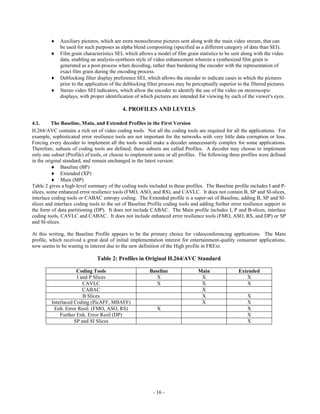    Auxiliary pictures, which are extra monochrome pictures sent along with the main video stream, that can
             be used for such purposes as alpha blend compositing (specified as a different category of data than SEI).
            Film grain characteristics SEI, which allows a model of film grain statistics to be sent along with the video
             data, enabling an analysis-synthesis style of video enhancement wherein a synthesized film grain is
             generated as a post-process when decoding, rather than burdening the encoder with the representation of
             exact film grain during the encoding process.
            Deblocking filter display preference SEI, which allows the encoder to indicate cases in which the pictures
             prior to the application of the deblocking filter process may be perceptually superior to the filtered pictures.
            Stereo video SEI indicators, which allow the encoder to identify the use of the video on stereoscopic
             displays, with proper identification of which pictures are intended for viewing by each of the viewer's eyes.

                                            4. PROFILES AND LEVELS

4.1.      The Baseline, Main, and Extended Profiles in the First Version
H.264/AVC contains a rich set of video coding tools. Not all the coding tools are required for all the applications. For
example, sophisticated error resilience tools are not important for the networks with very little data corruption or loss.
Forcing every decoder to implement all the tools would make a decoder unnecessarily complex for some applications.
Therefore, subsets of coding tools are defined; these subsets are called Profiles. A decoder may choose to implement
only one subset (Profile) of tools, or choose to implement some or all profiles. The following three profiles were defined
in the original standard, and remain unchanged in the latest version:
           Baseline (BP)
           Extended (XP)
           Main (MP)
Table 2 gives a high-level summary of the coding tools included in these profiles. The Baseline profile includes I and P-
slices, some enhanced error resilience tools (FMO, ASO, and RS), and CAVLC. It does not contain B, SP and SI-slices,
interlace coding tools or CABAC entropy coding. The Extended profile is a super-set of Baseline, adding B, SP and SI-
slices and interlace coding tools to the set of Baseline Profile coding tools and adding further error resilience support in
the form of data partitioning (DP). It does not include CABAC. The Main profile includes I, P and B-slices, interlace
coding tools, CAVLC and CABAC. It does not include enhanced error resilience tools (FMO, ASO, RS, and DP) or SP
and SI-slices.

At this writing, the Baseline Profile appears to be the primary choice for videoconferencing applications. The Main
profile, which received a great deal of initial implementation interest for entertainment-quality consumer applications,
now seems to be waning in interest due to the new definition of the High profile in FRExt.

                               Table 2: Profiles in Original H.264/AVC Standard

                     Coding Tools                        Baseline                Main                Extended
                     I and P Slices                         X                     X                     X
                        CAVLC                               X                     X                     X
                        CABAC                                                     X
                        B Slices                                                  X                       X
         Interlaced Coding (PicAFF, MBAFF)                                        X                       X
          Enh. Error Resil. (FMO, ASO, RS)                   X                                            X
             Further Enh. Error Resil (DP)                                                                X
                    SP and SI Slices                                                                      X




                                                           - 16 -
 