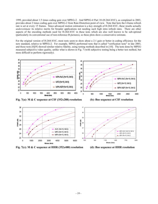 1999, provided about 1.5 times coding gain over MPEG-2. And MPEG-4 Part 10 (H.264/AVC), as completed in 2003,
provides about 2 times coding gain over MPEG-2 from Rate-Distortion point of view. Note that here the I-frame refresh
rate is set at every 15 frames. Since advanced motion estimation is a key strength of H.264/AVC, these results actually
underestimate its relative merits for broader applications not needing such high intra refresh rates. There are other
aspects of the encoding methods used for H.264/AVC in these tests which are also well known to be sub-optimal
(particularly its conventional use of non-reference B pictures), so these plots show a conservative estimate.

For the original version of H.264/AVC, most tests seem to show about a 2:1 gain or better in coding efficiency for the
new standard, relative to MPEG-2. For example, MPEG performed tests that it called "verification tests" in late 2003,
and those tests [8][9] showed similar relative fidelity, using testing methods described in [10]. The tests done by MPEG
measured subjective video quality, unlike what is shown in Fig. 7 (with subjective testing being a better test method, but
more difficult to perform rigorously).

     40
                                                                                                       40
     38
                                                                                                       38
     36
     34                                                                                                36
PSNR (dB)




     32                                                                                                34


                                                                                               PSNR (dB)
     30
                                                                M AVC(N M
                                                                 P4    =15, =3)                        32
     28                                                                                                                                                               MP4 AVC (N=15, M=3)
                                                                                                       30
     26
                                                                M (N M
                                                                 P2 =15, =3)
     24                                                                                                28                                                             MP2 (N=15, M=3)
     22                                                         M ASP(N M
                                                                 P4    =15, =3)                        26                                                             MP4 ASP (N=15, M=3)
     20
                                                                                                       24
            0        500      1000    1500       2000         2500     3000     3500    4000                    0       500         1000          1500                2000      2500          3000
                                             Bitrate (kb/s)                                                                                   Bitrate (kb/s)

Fig. 7(a): M & C sequence at CIF (352x288) resolution                                                                   (b): Bus sequence at CIF resolution

            36                                                                                                  31


            34                                                                                                  30

            32
                                                                                                                29
PSNR (dB)




            30
                                                                                                    PSNR (dB)




                                                                                                                28
            28
                                                                                                                27
            26                                                 AVC (N=15, M=3)
                                                                                                                                                                        MP4 AVC (N=15, M=3)
                                                               MP2 (N=15, M=3)
            24                                                                                                  26                                                      MP2 (N=15, M=3)
                                                               MP4 (N=15, M=3)                                                                                          MP4 (N=15, M=3)
            22                                                                                                  25
                 0         1000      2000        3000           4000          5000     6000                       500         800          1100                1400           1700            2000
                                                                                                                                              Bitrate (kb/s)
                                             Bitrate (kb/s)

Fig. 7(c): M & C sequence at HHR (352x480) resolution                                                                   (d): Bus sequence at HHR resolution




                                                                                         - 19 -
 