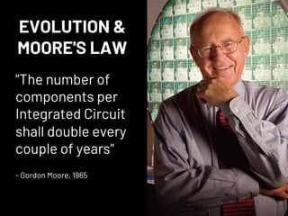 EVOLUTION &
MOORE'S LAW
"The number of
components per
Integrated Circuit
shall double every
couple of years"
- Gordon Moore, 1965
 