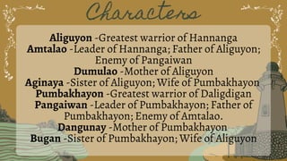 Characters
Aliguyon -Greatest warrior of Hannanga
Amtalao -Leader of Hannanga; Father of Aliguyon;
Enemy of Pangaiwan
Dumulao -Mother of Aliguyon
Aginaya -Sister of Aliguyon; Wife of Pumbakhayon
Pumbakhayon -Greatest warrior of Daligdigan
Pangaiwan -Leader of Pumbakhayon; Father of
Pumbakhayon; Enemy of Amtalao.
Dangunay -Mother of Pumbakhayon
Bugan -Sister of Pumbakhayon; Wife of Aliguyon
 