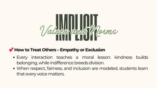 💞How to Treat Others – Empathy or Exclusion
IMPLICIT
Values and Norms
Values and Norms
Every interaction teaches a moral lesson: kindness builds
belonging, while indifference breeds division.
When respect, fairness, and inclusion are modeled, students learn
that every voice matters.
 