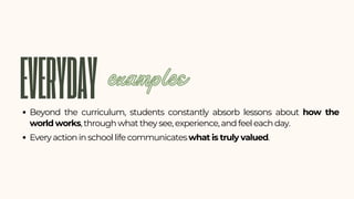 EVERYDAY
Beyond the curriculum, students constantly absorb lessons about how the
world works, through what they see, experience, and feel each day.
Every action in school life communicates what is truly valued.
examples
 